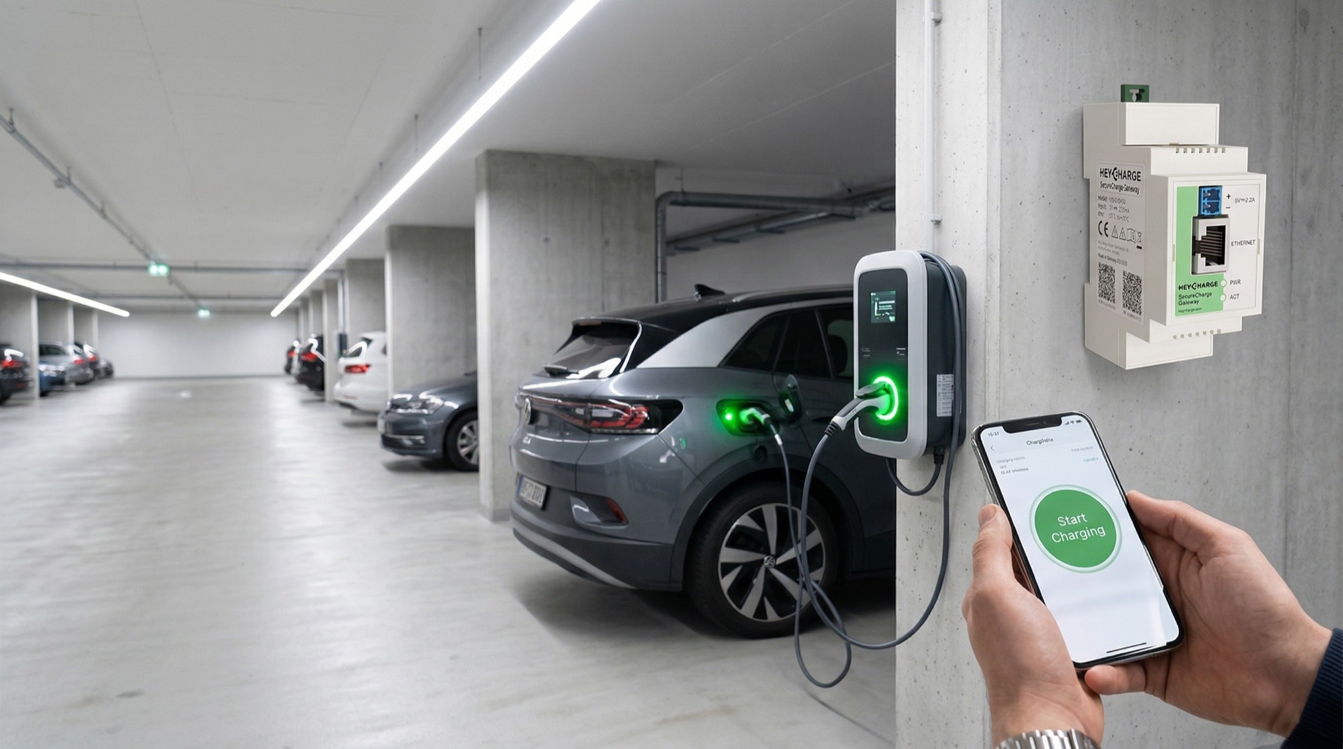 Underground parking garage with EV chargers and mobile phone showing Start Charging button