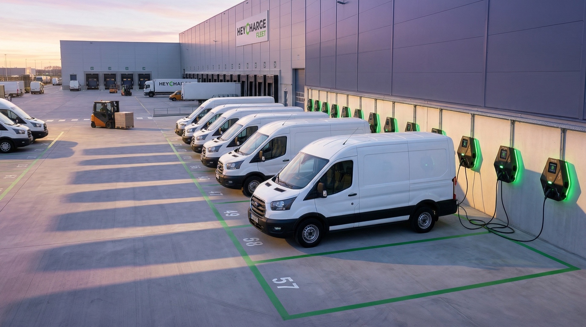 Fleet of electric delivery vans charging at a commercial depot