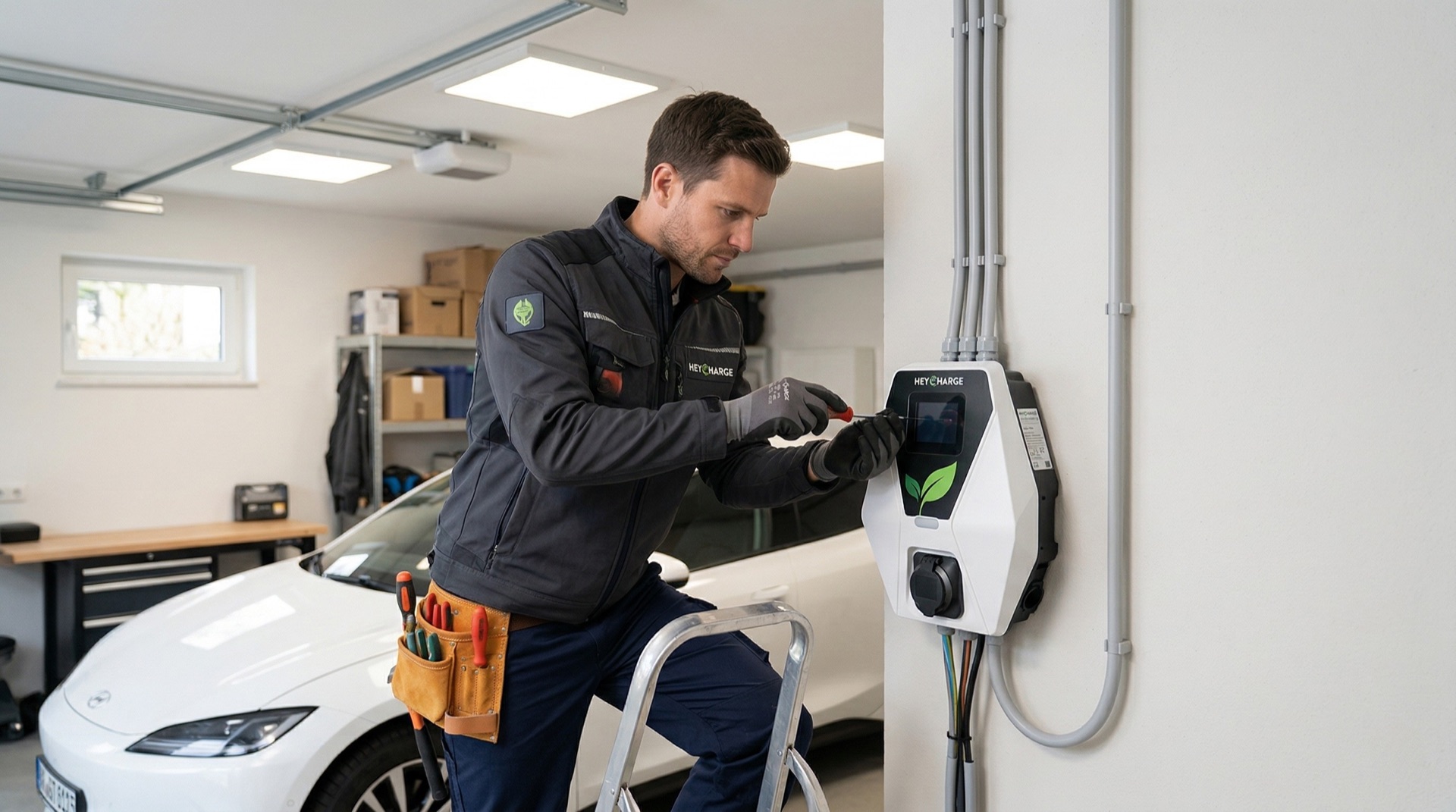 Ein Elektriker installiert eine Ladestation für Elektroautos in einer privaten Garage